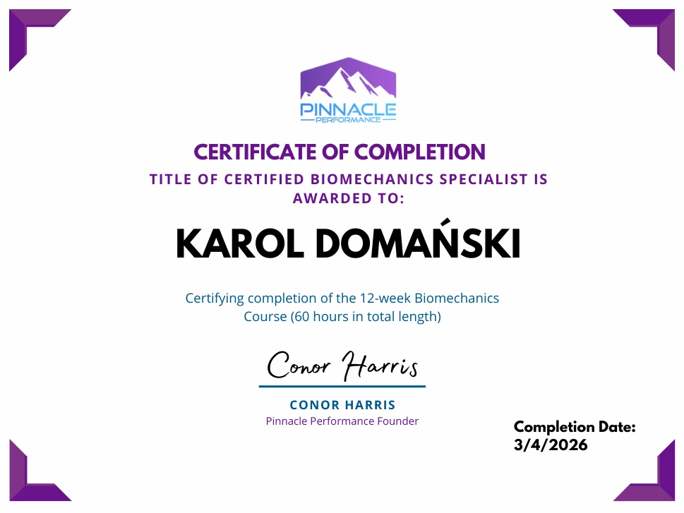 Trener Personalny Karol Domański (Big Boss Biomechaniki) uzyskał tytuł certyfikowanego specjalisty biomechaniki od Conora Harrisa. Trener Personalny Karol Domański (Big Boss Biomechaniki) uzyskał tytuł certyfikowanego specjalisty biomechaniki od Conora Harrisa.